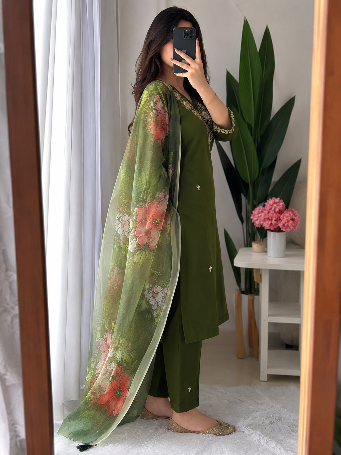 Laltika Mehndi Green Roman Silk Embroidered Kurta Pant Dupatta Set for Women with Chanderi Digital Print Dupatta
