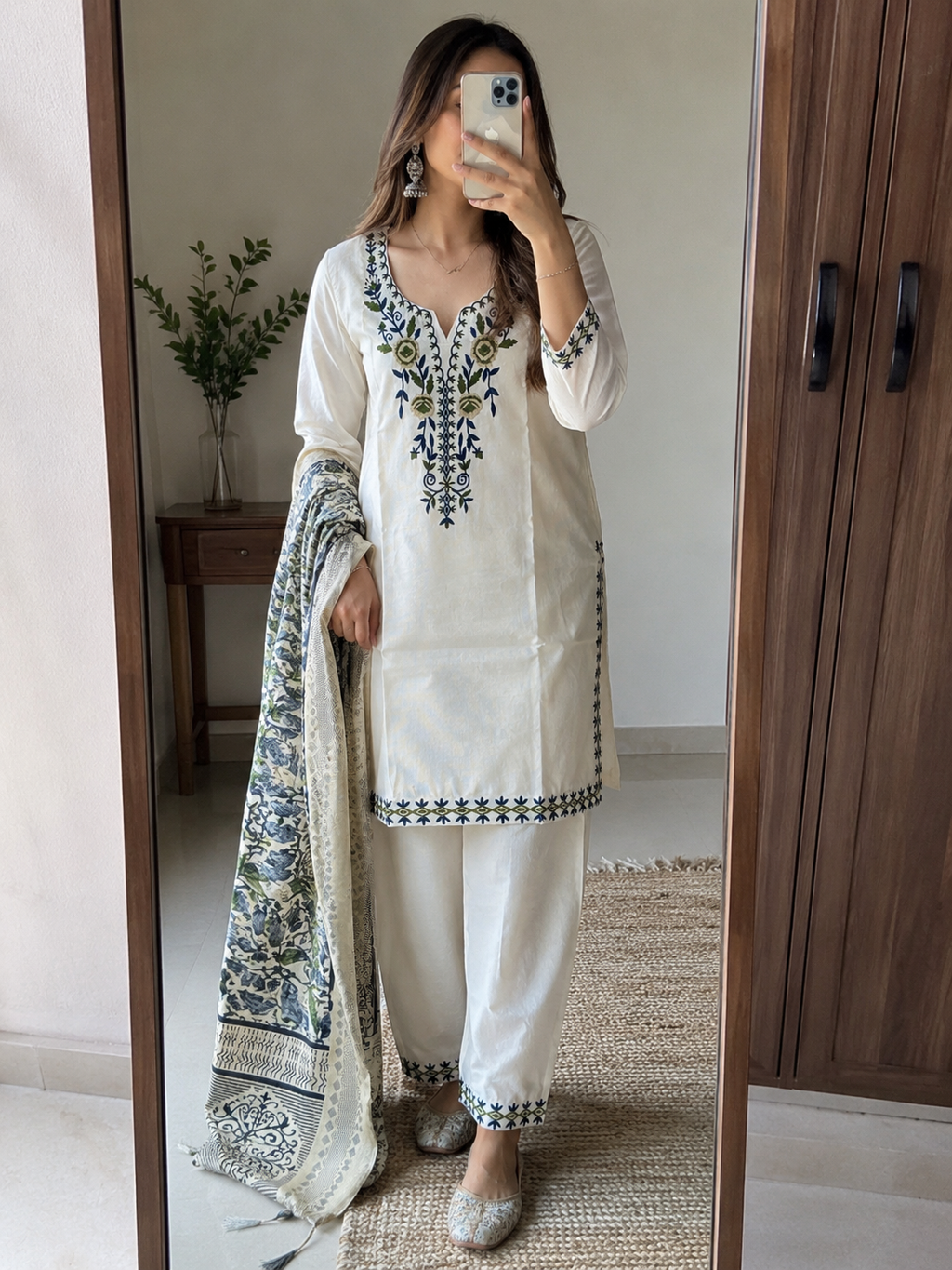 Laltika Women's Khadi Cotton Embroidered Kurta Pant Dupatta Set with Bhagalpuri Khadi Print Dupatta