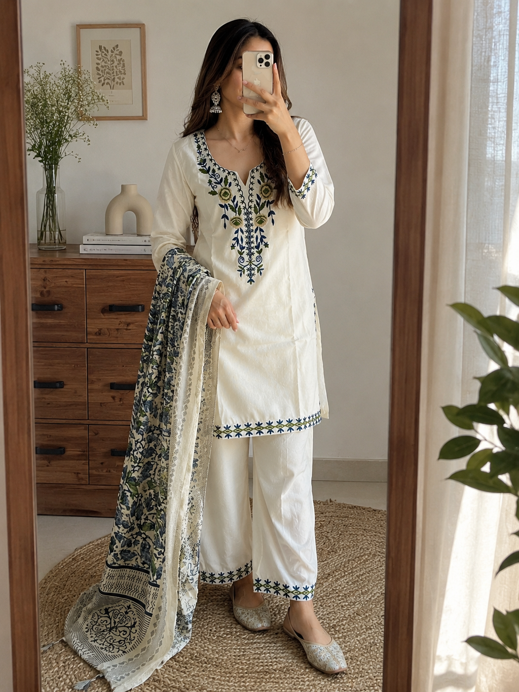 Laltika Women's Khadi Cotton Embroidered Kurta Pant Dupatta Set with Bhagalpuri Khadi Print Dupatta
