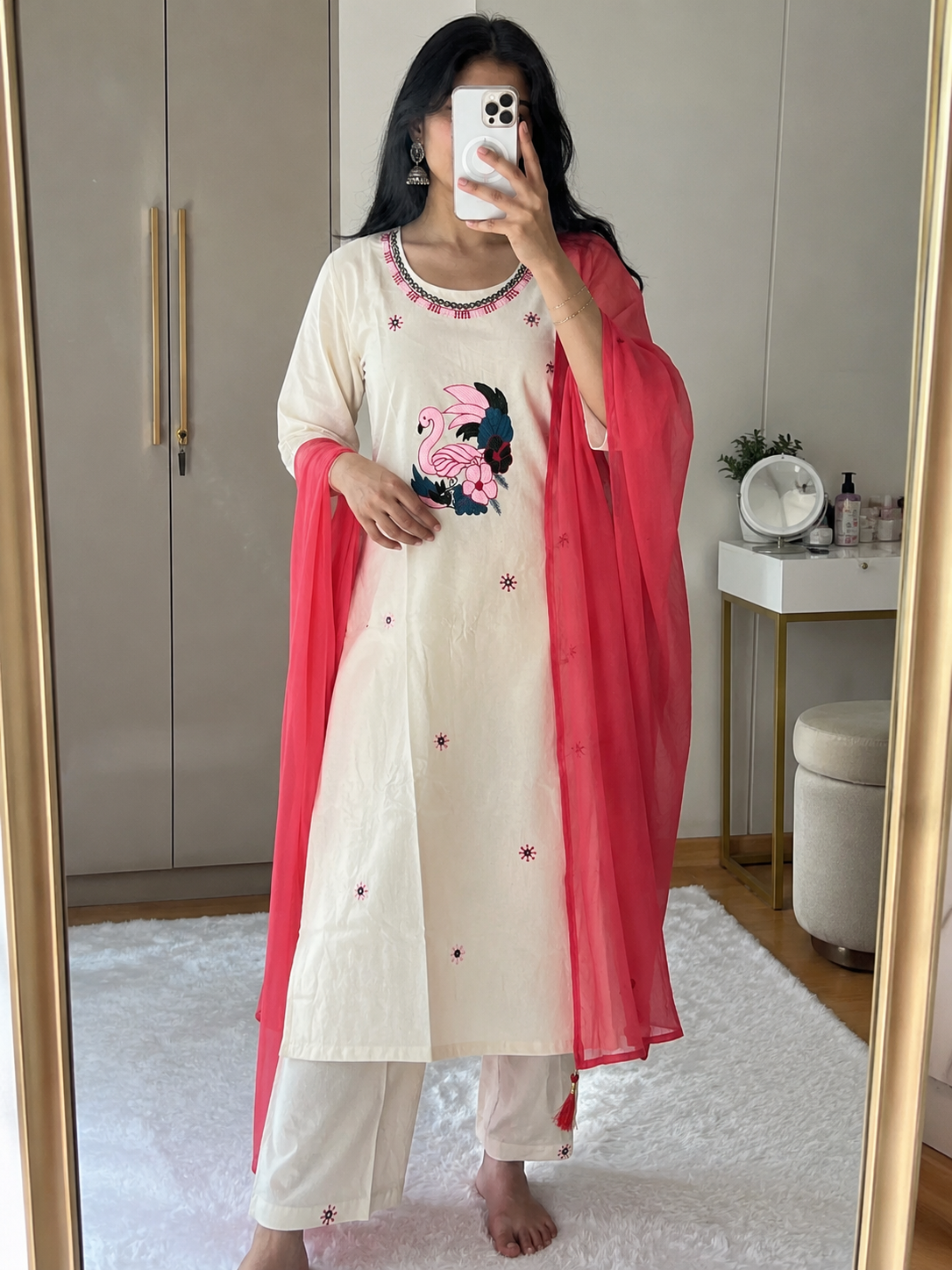 Laltika Women's Khadi Cotton Embroidered Kurta Pant Dupatta Set with Chiffon Dupatta