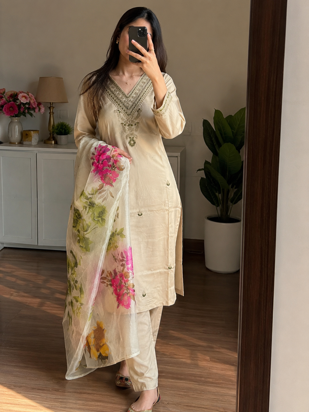 Roman Silk Embroidered Kurta Pant Dupatta Set with Chanderi Silk Dupatta for Women