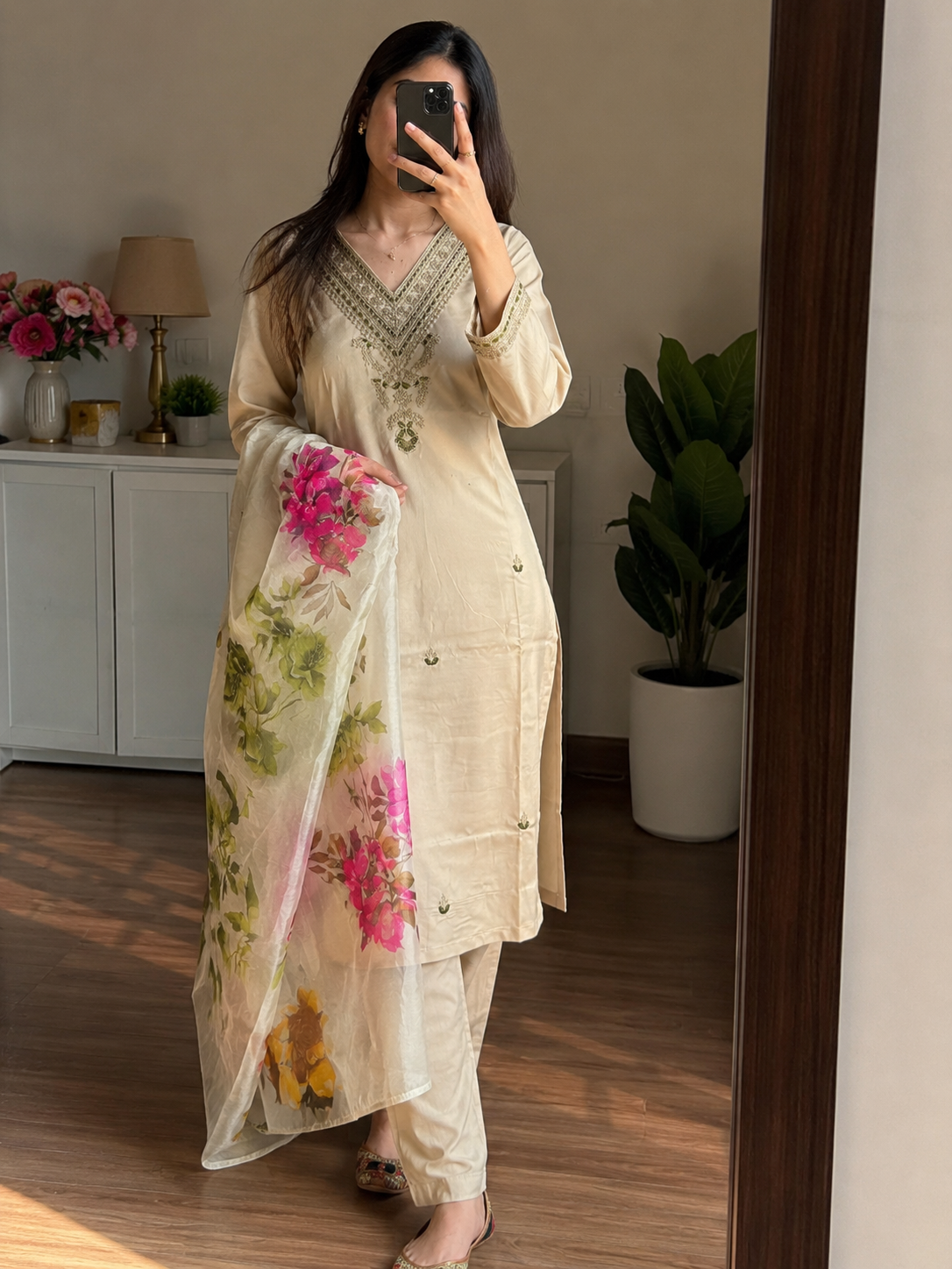 Roman Silk Embroidered Kurta Pant Dupatta Set with Chanderi Silk Dupatta for Women