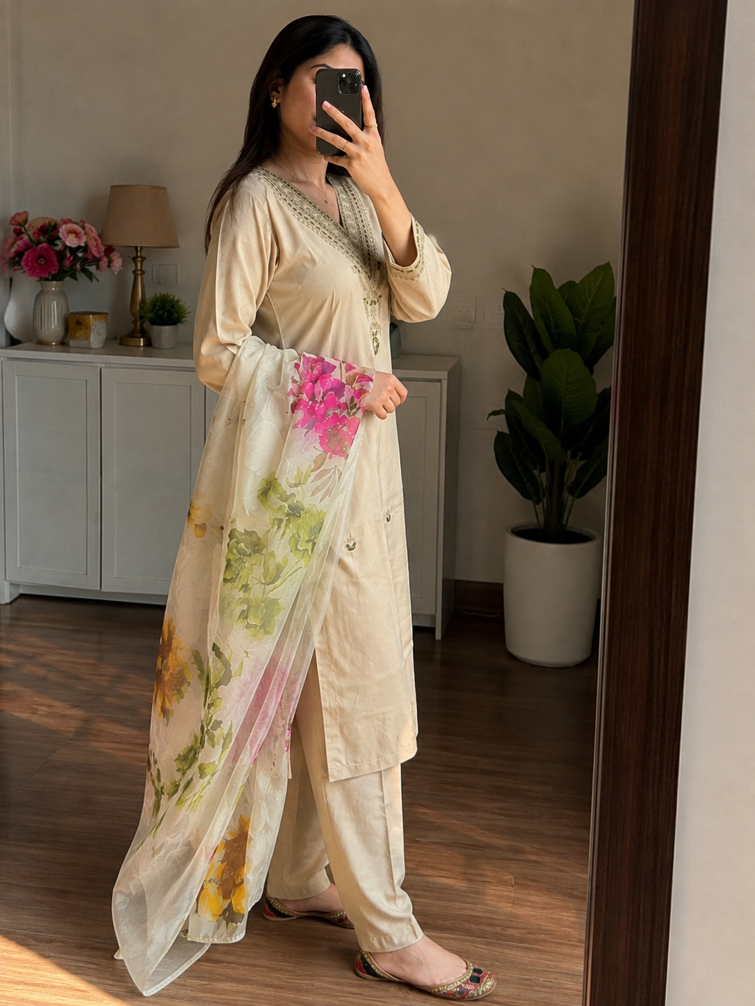 Roman Silk Embroidered Kurta Pant Dupatta Set with Chanderi Silk Dupatta for Women