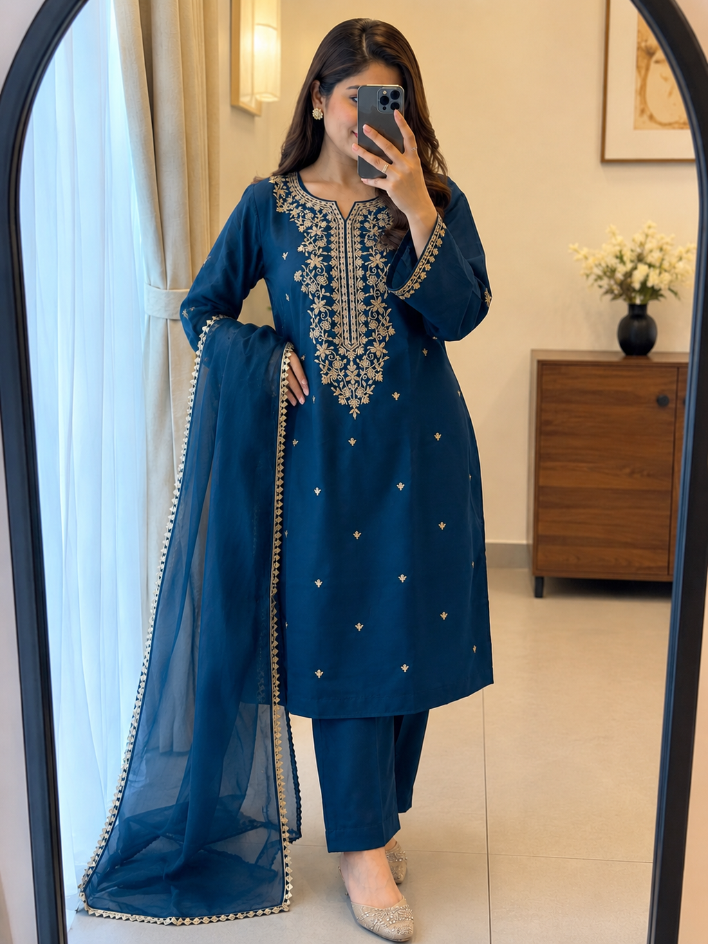 Roman Silk Embroidered Kurta Pant Dupatta Set with Nazneen Dupatta for Women