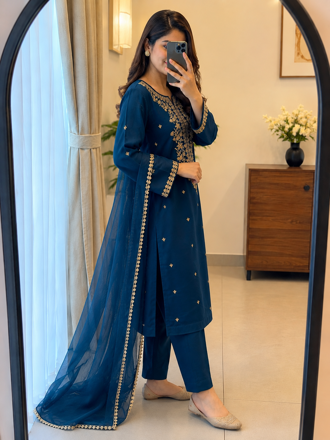Roman Silk Embroidered Kurta Pant Dupatta Set with Nazneen Dupatta for Women