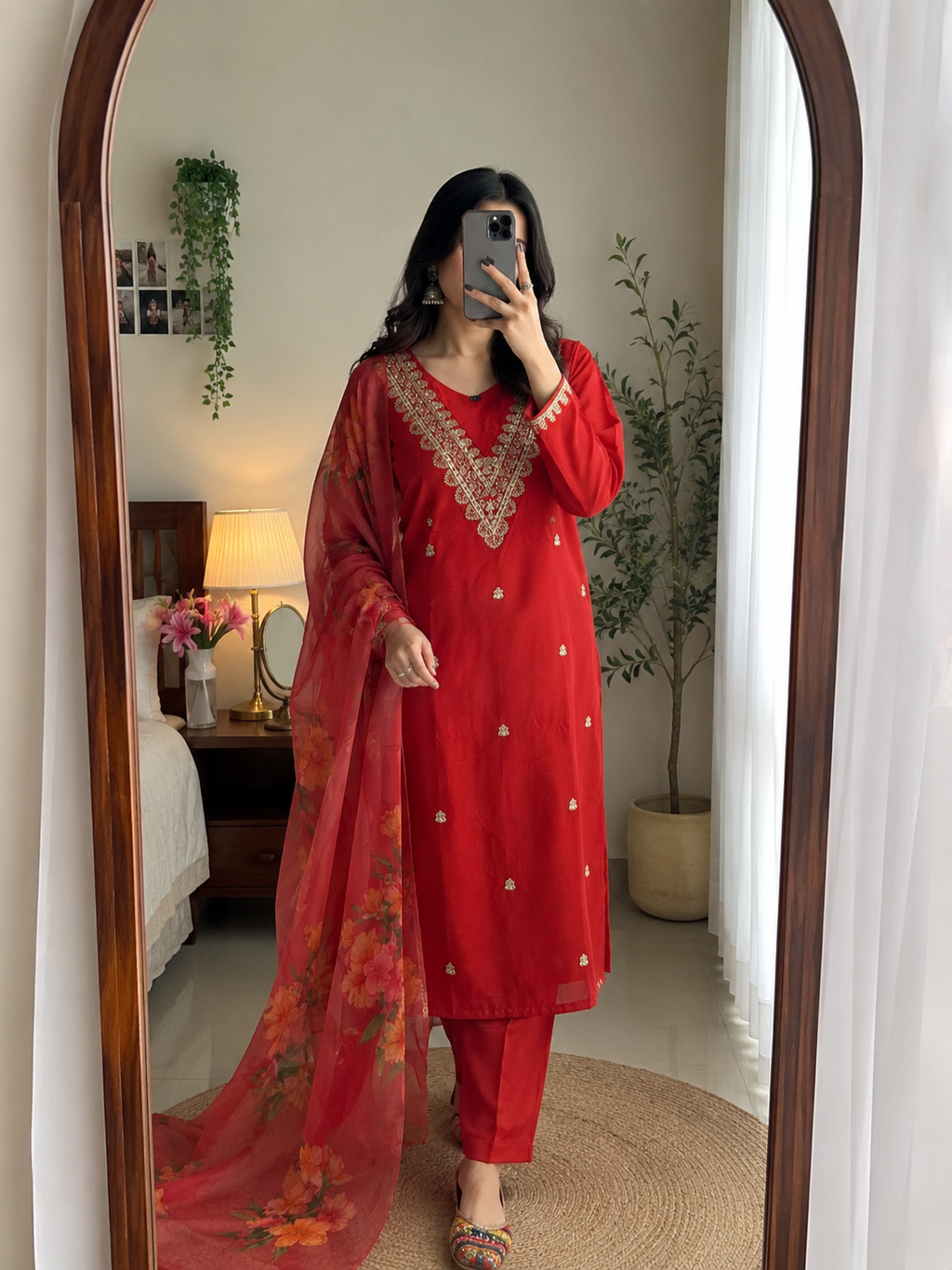 Rayon Slub Embroidered Kurta Pant Dupatta Set for Women