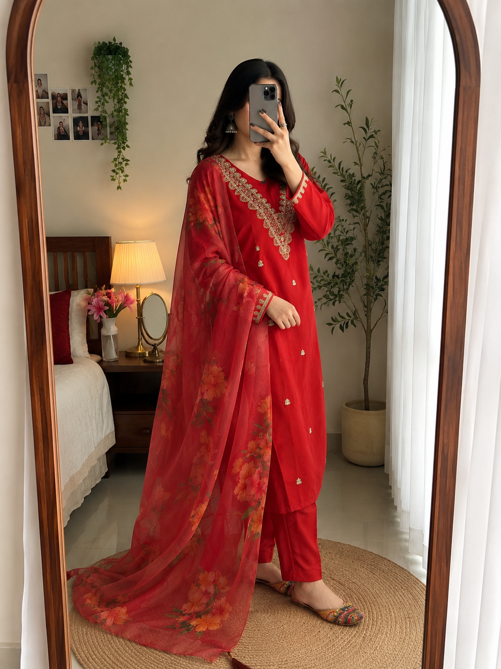 Rayon Slub Embroidered Kurta Pant Dupatta Set for Women