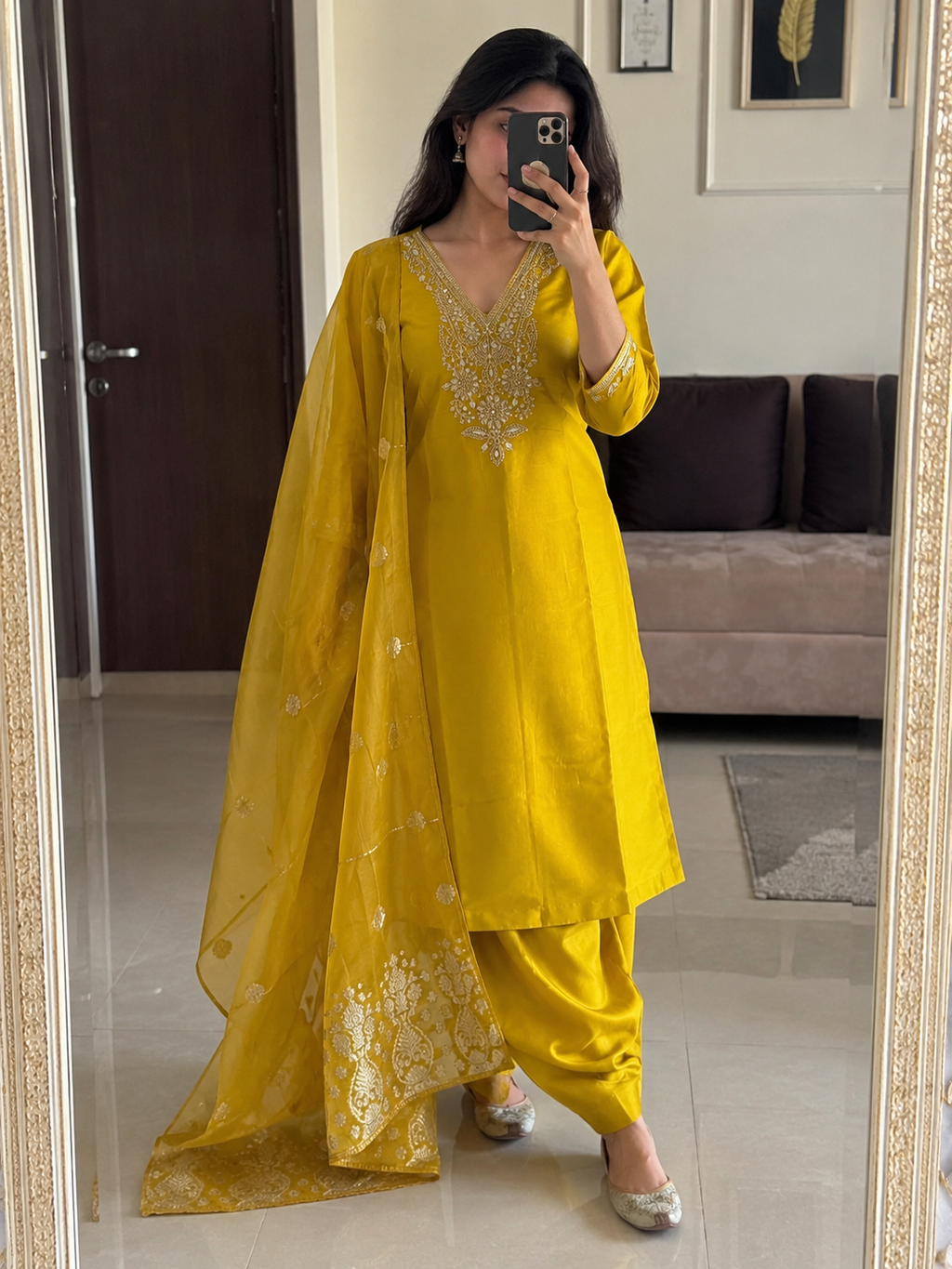 Lemon Yellow Roman Silk Embroidered Kurta Pant Dupatta Set for Women
