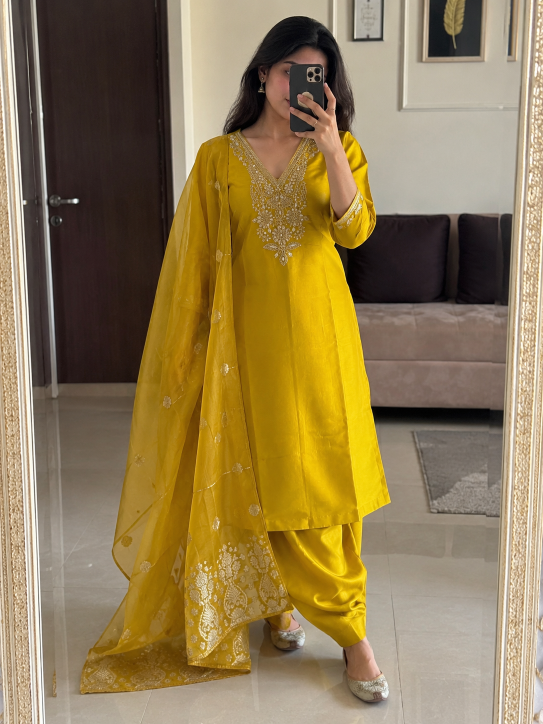 Lemon Yellow Roman Silk Embroidered Kurta Pant Dupatta Set for Women