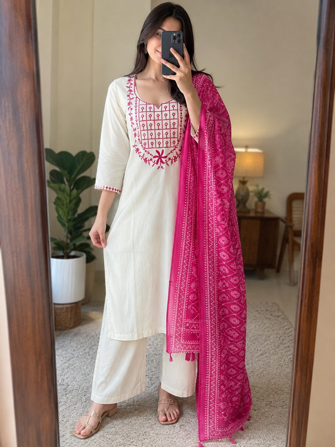 Khadi Cotton Embroidered Kurta Pant Dupatta Set for Women