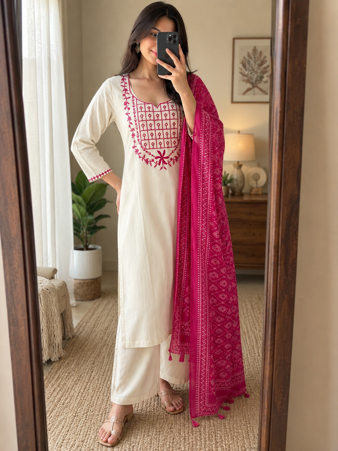 Khadi Cotton Embroidered Kurta Pant Dupatta Set for Women