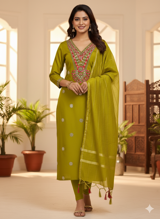 Roman Silk Kurti Set with Embroidered Details & Cotton Silk Dupatta | 3-Piece Luxury Ensemble