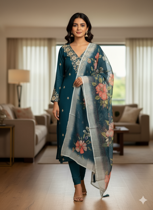 Teal Blue Roman Silk Designer Kurti Pant Dupatta Set – 3 Piece Ethnic Wear