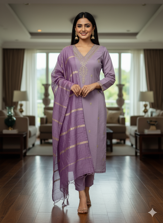Lavender Roman Silk Designer Kurti Pant Dupatta Set – 3 Piece Ethnic Wear