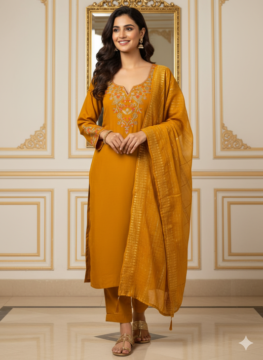 Elegant Mustard Designer Kurti Set with Embroidered Dupatta | Roman Silk Indo-Western Outfit