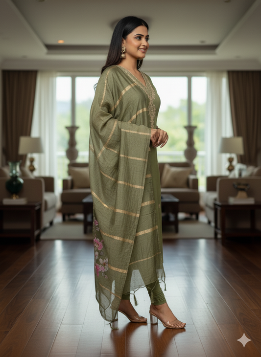 Embroidered Roman Silk Kurti Set with Digital Print Chanderi Dupatta | Premium 3-Piece Ensemble