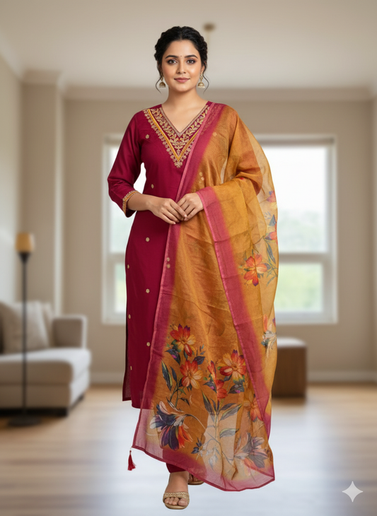 Maroon Roman Silk Kurti Pent Dupatta Set – Luxurious 3-Piece Ensemble