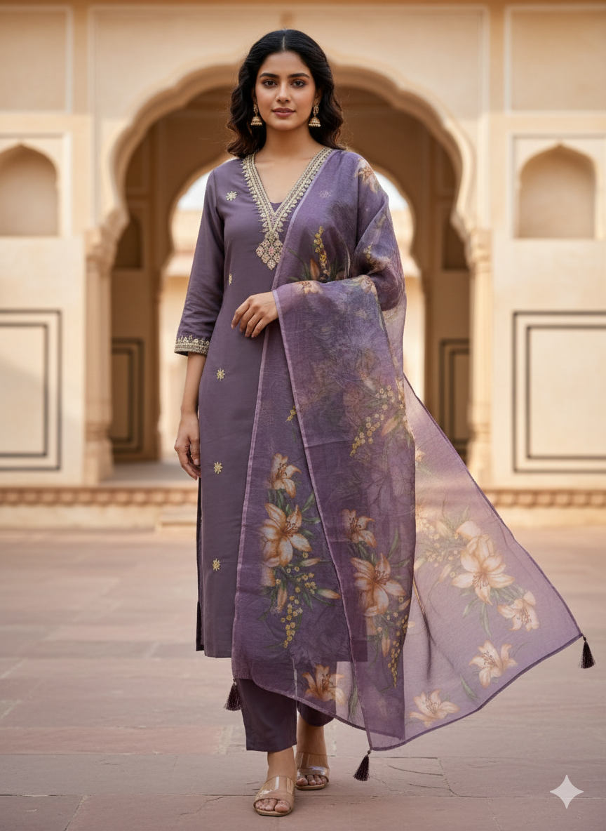 Roman Silk Kurti Set with Digital Print Chanderi Dupatta | Embroidered 3-Piece Ensemble