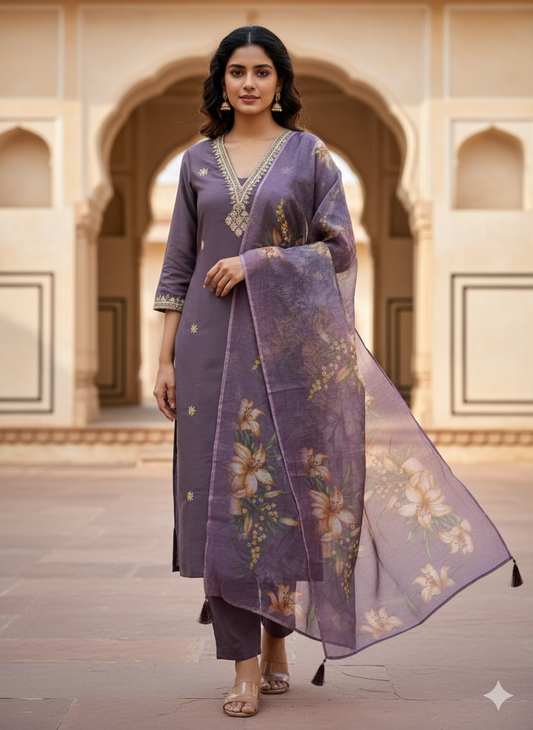 Roman Silk Kurti Set with Digital Print Chanderi Dupatta | Embroidered 3-Piece Ensemble