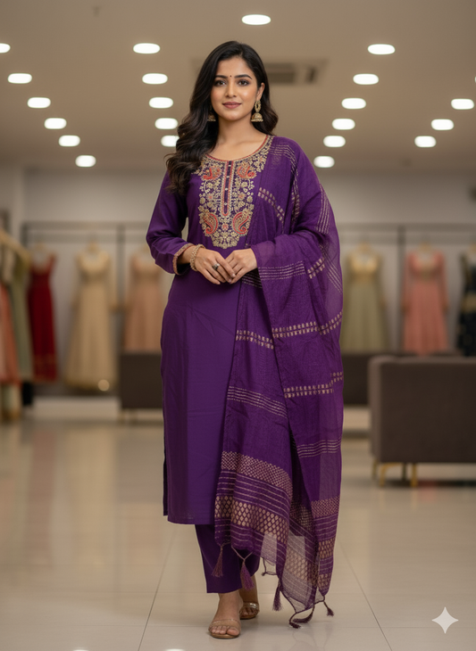 Embroidered Roman Silk Kurti Set with Sequined Dupatta