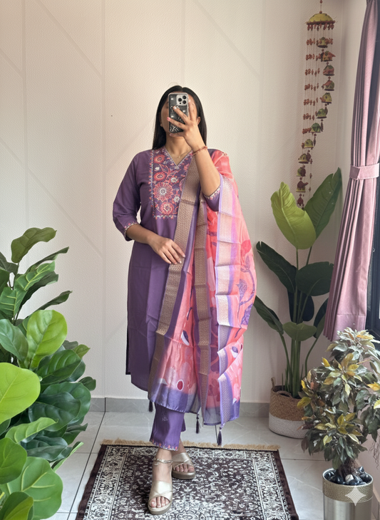 Violet Elegance: Embroidered Roman Silk Kurti Set with Organza Dupatta