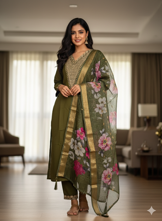 Roman Silk Embroidered Kurti Set with Digital Print Chanderi Dupatta