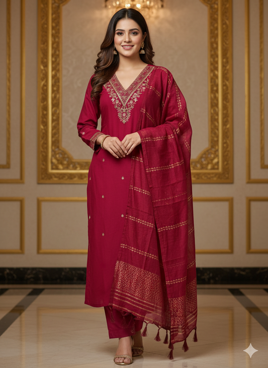 Cherry Red Roman Silk Kurti Set | Embroidered Designer Wear with Sequinned Dupatta