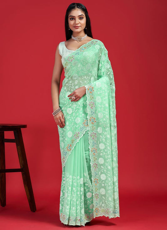 Blooming Georgette Saree with Chikankari, Parsi Inspired Embroidery, and Swarovski Work"