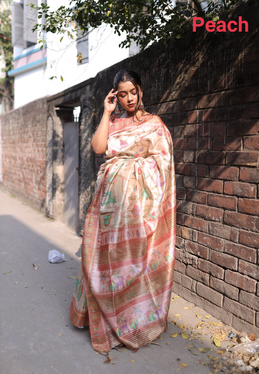 Soft Tussar Silk Saree with All-Over Beautiful Print and Ghicha Pallu