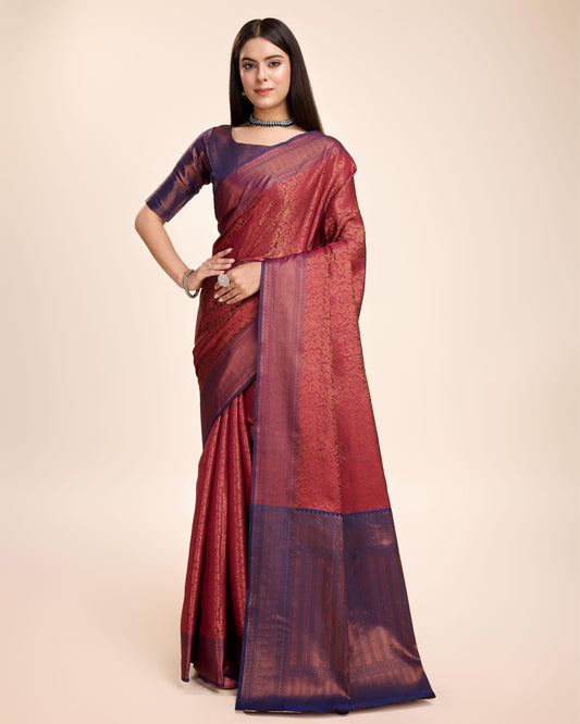 Soft Kanjivaram Silk Saree with Zari Weaving - Rich Pallu & Brocade Blouse Piece