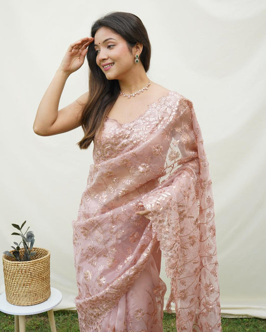 Organza Saree with Sequencing Work and Viscos Thread | Elegant Blouse Included