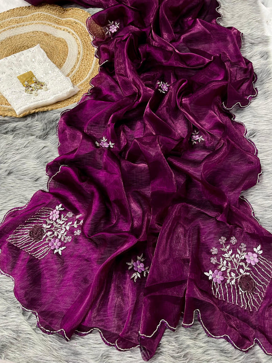 Exquisite Pure Zimmy Choo Silk Saree with Handcrafted Khatli Butta and Resham Flower Details
