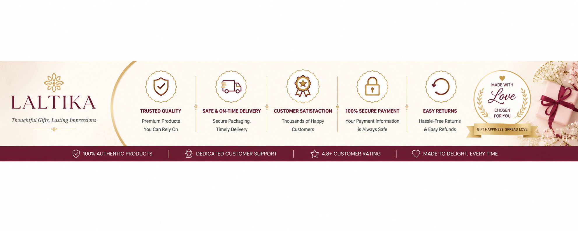 Laltika brand banner with icons and text about their services.