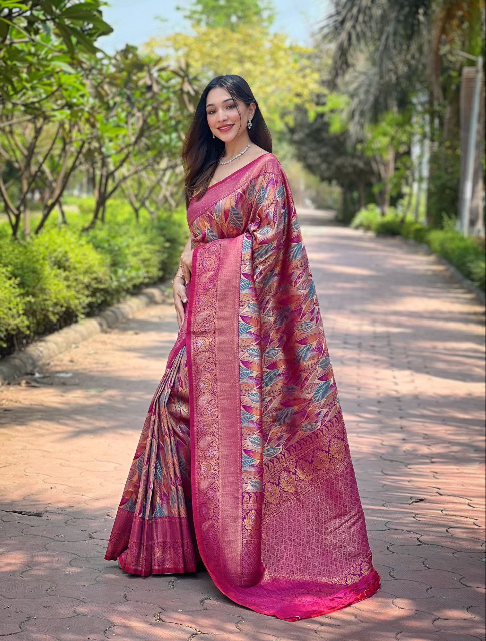 Kanchipattu Silk Saree: All-Over Intricate Weaves with Contrast Border - LALTIKA