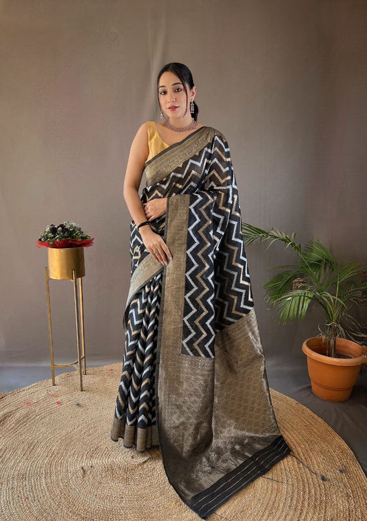 Pure Cotton Linen Saree With Copper And Gold Zari Mottifs And Rich Pallu With Semi Contrast Double Zari Weaving Border - LALTIKA