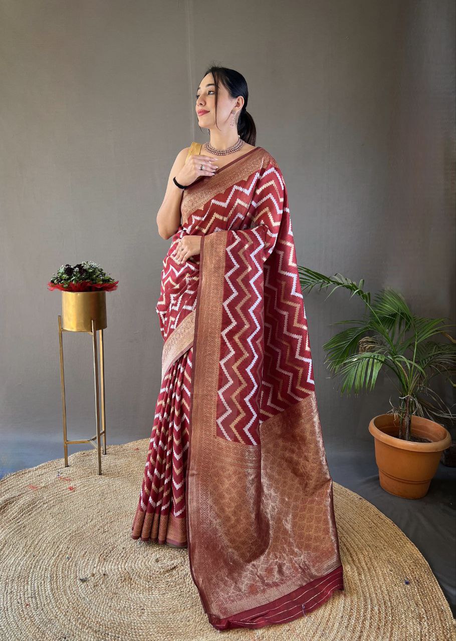 Pure Cotton Linen Saree With Copper And Gold Zari Mottifs And Rich Pallu With Semi Contrast Double Zari Weaving Border - LALTIKA