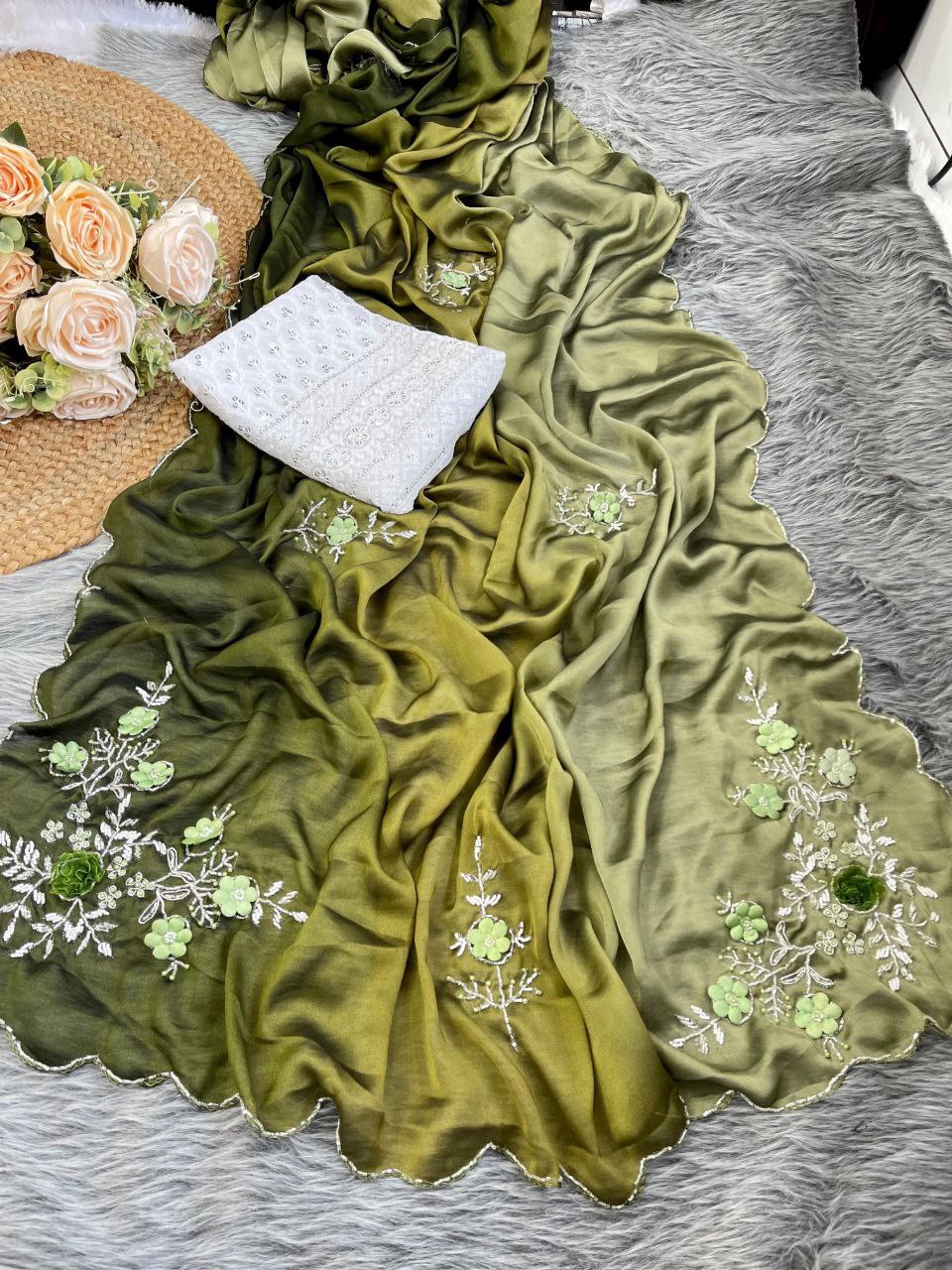 Exquisite Rangoli Silk Saree: Heavy Handwork & Intricate Floral Design