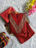 Rayon Slub Embroidered Kurta Pant Dupatta Set for Women