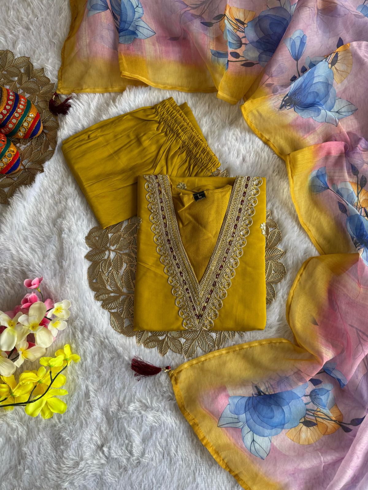 Roman Silk Embroidered Kurta Pant Dupatta Set for Women