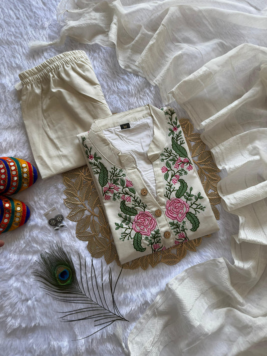 Pure White Khadi Cotton Kurti Set with Embroidery & Zig-Zag Border Dupatta | Ethically Crafted Ensemble