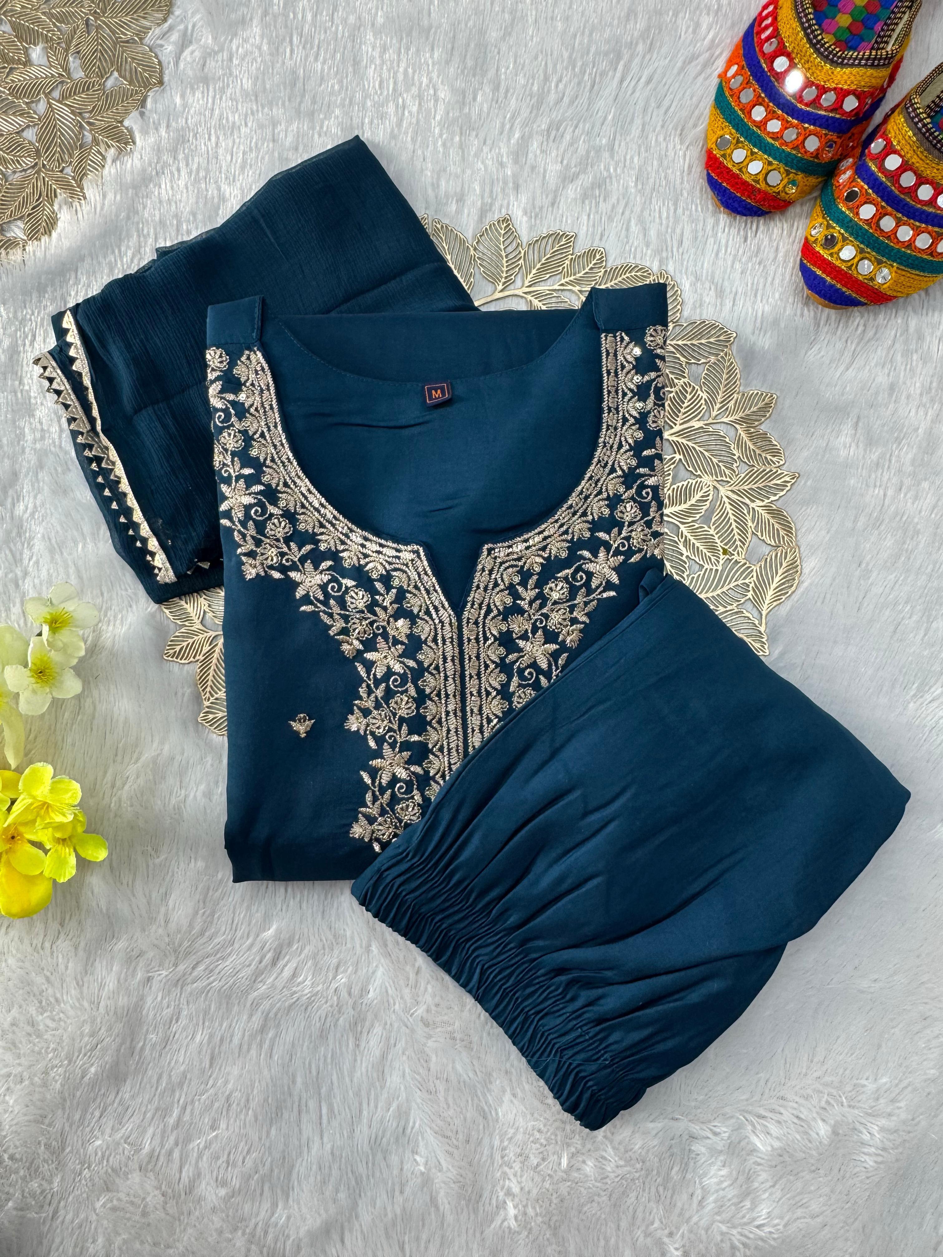 Roman Silk Embroidered Kurta Pant Dupatta Set with Nazneen Dupatta for Women