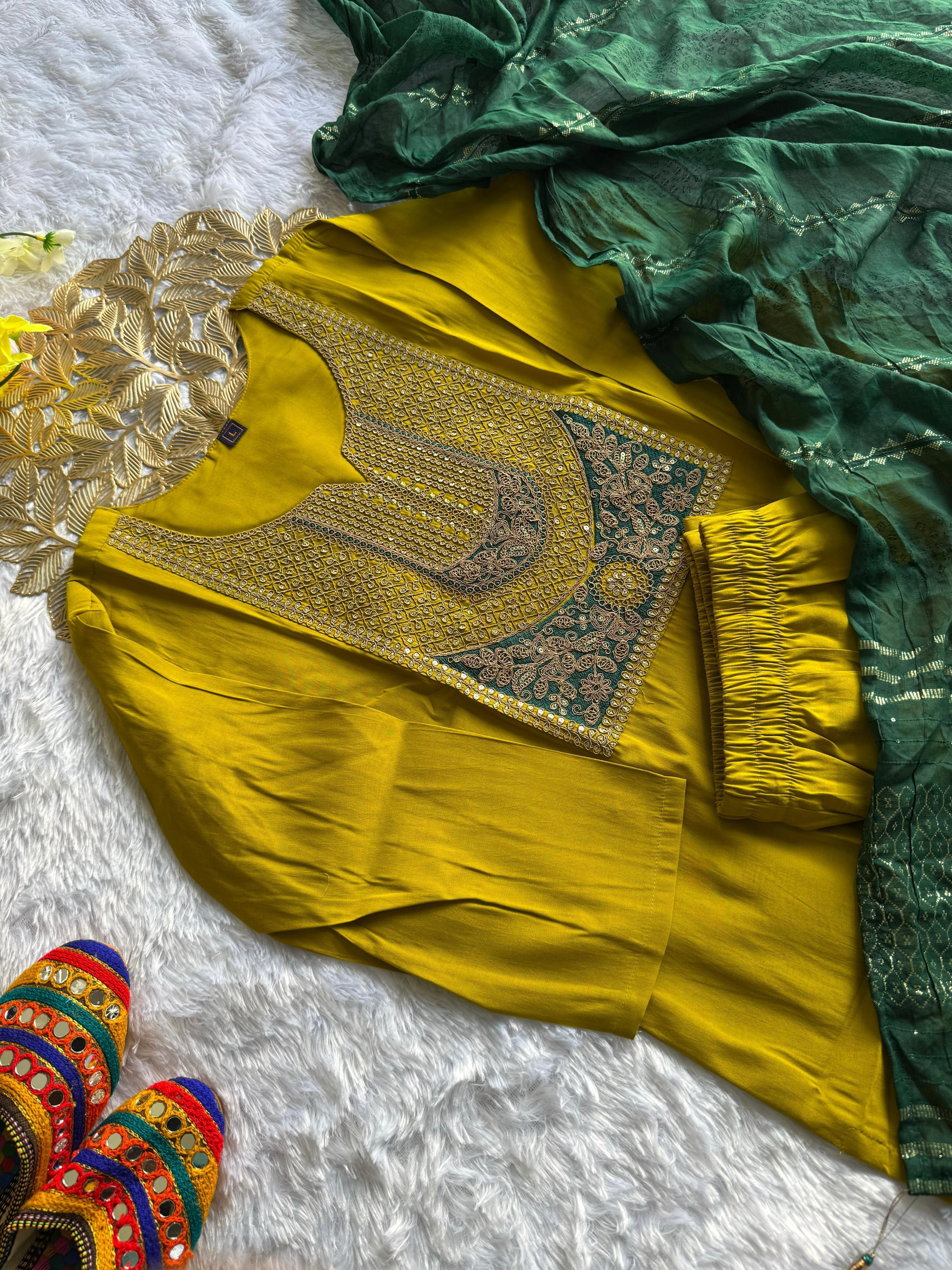 Lemon Yellow Roman Silk Embroidered Kurta Pant Dupatta Set for Women