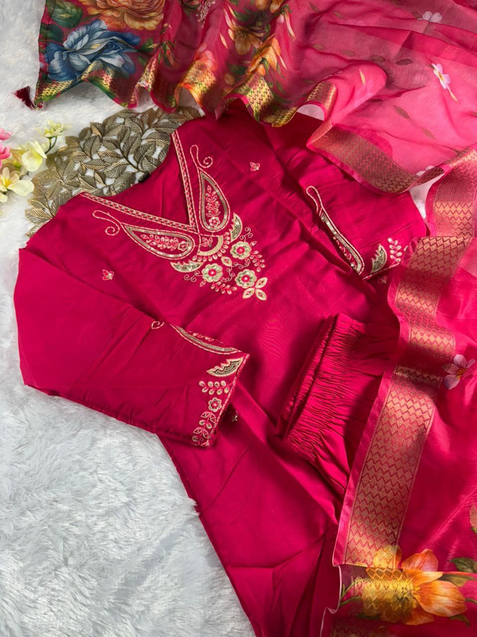 Buy Pink Roman Silk Embroidered Kurti Pant Dupatta Set | Festive & Traditional Wear
