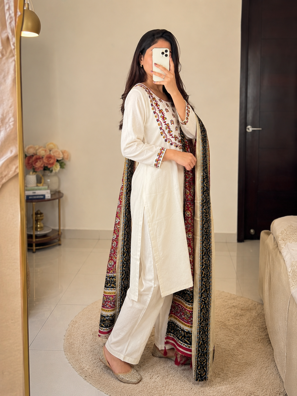 Laltika Women's Khadi Cotton Embroidered Kurta Pant Dupatta Set with Bhagalpuri Khadi Print Dupatta