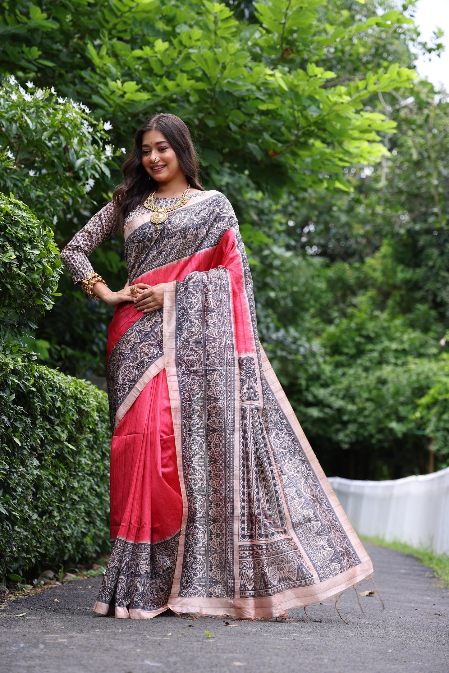 Soft Tussar Silk Saree with Madhubani Print | Traditional Pallu & Fancy Tassels | Ready Stock