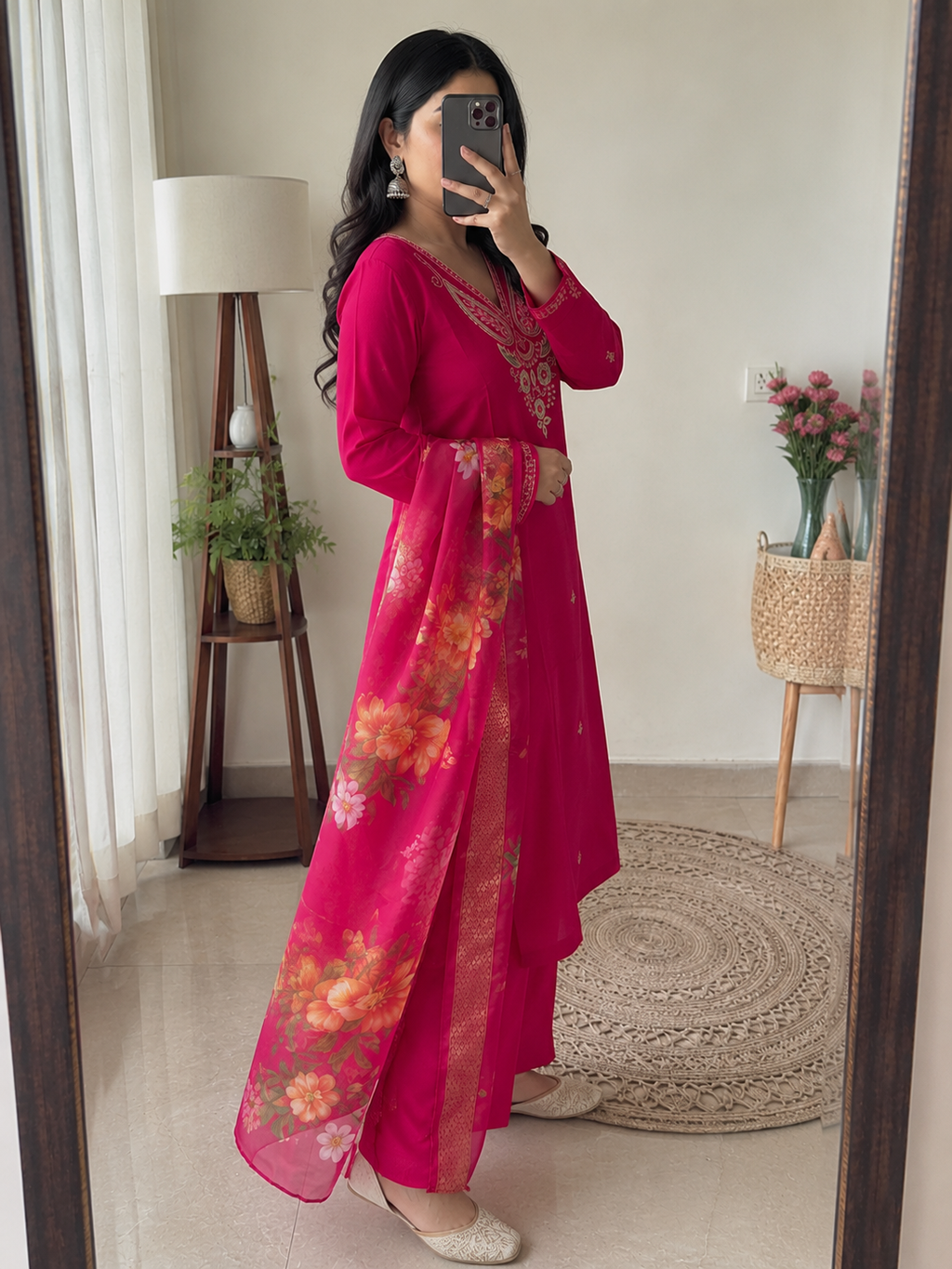 Buy Pink Roman Silk Embroidered Kurti Pant Dupatta Set | Festive & Traditional Wear
