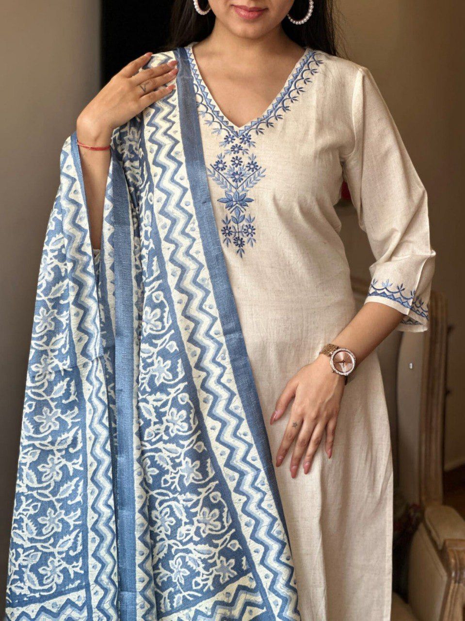 Laltika Women's Khadi Cotton Embroidered Kurta Pant Dupatta Set with Bhagalpuri Khadi Print Dupatta