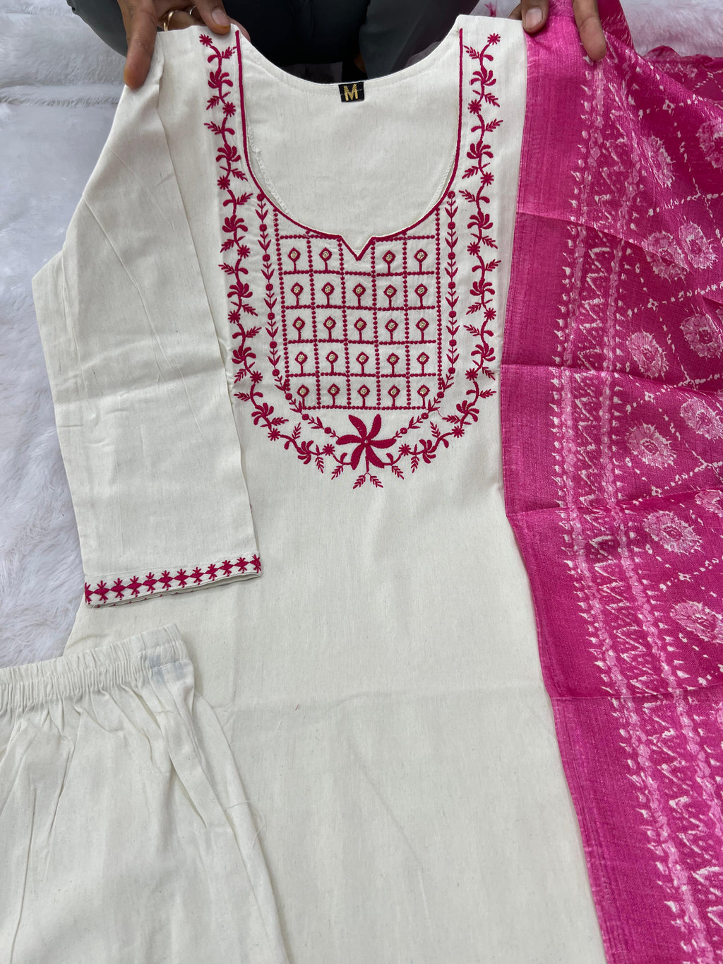 Khadi Cotton Embroidered Kurta Pant Dupatta Set for Women
