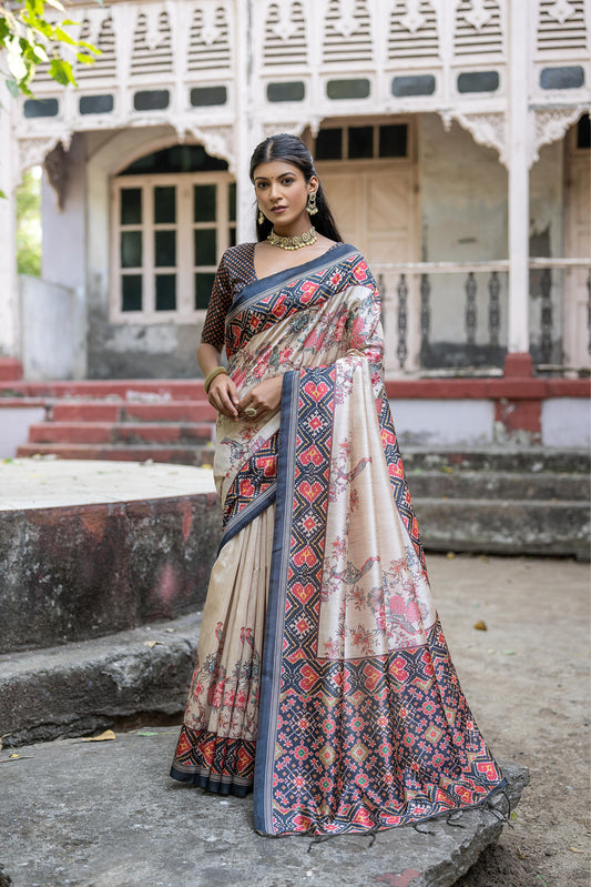 Designer Tussar Silk Saree | Patola Print & Floral Jal | Yogita Collection