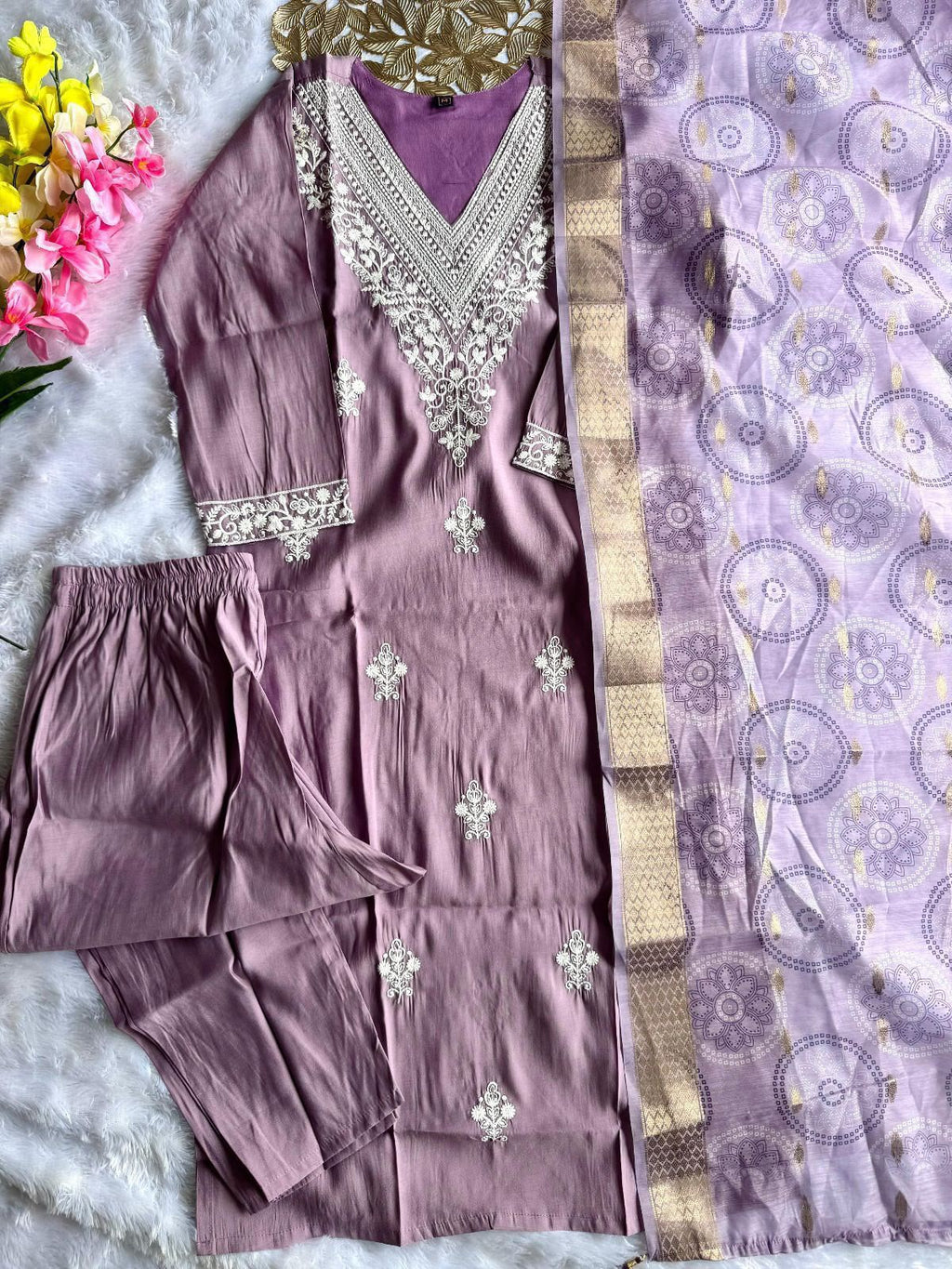 Buy Lavender Roman Silk Designer Kurti with Pant & Dupatta Set | Embroidered Festive Wear for Women